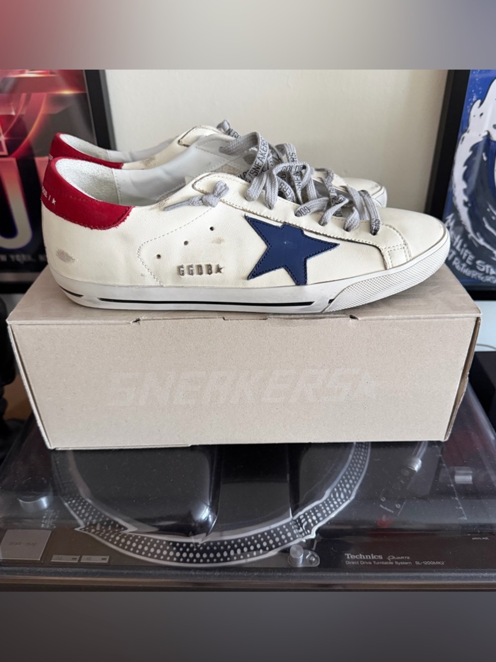 Golden Goose Cream Low-Top Sneakers with Red Heel Tab and Gray Laces